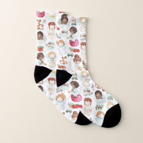 Festive Watercolor Artwork of Angels and Gifts Socks