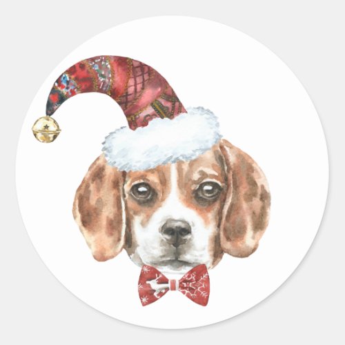 Festive Watercolor Beagle Santa Happy Howlidays Classic Round Sticker