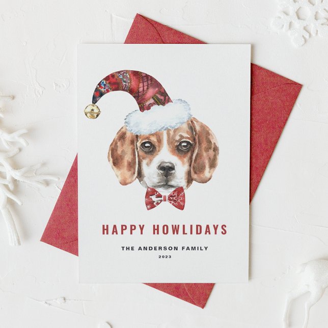 Festive Watercolor Beagle Santa Happy Howlidays Holiday Card (Creator Uploaded)
