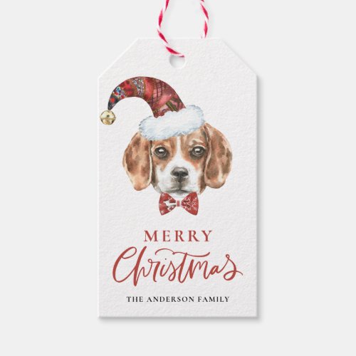 Festive Watercolor Beagle Santa Merry Christmas Gift Tags