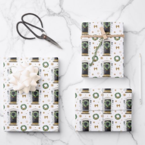 Festive Watercolor Black Front Door Pattern Wrapping Paper Sheets