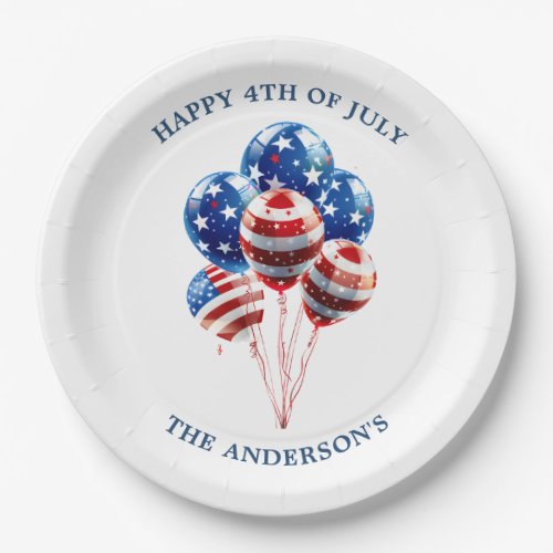 Festive watercolor blue and red balloons 4th July Paper Plates