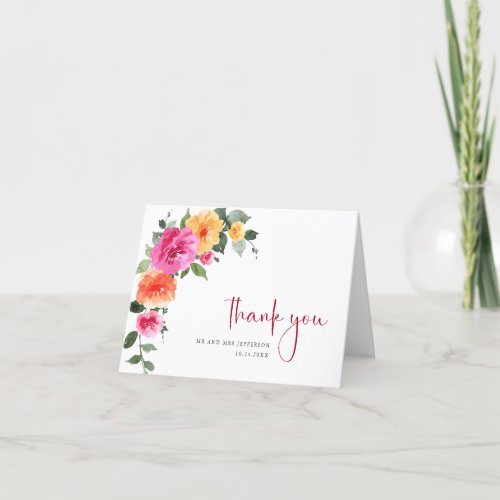 Festive Watercolor Bright Flowers Floral Wedding Thank You Card