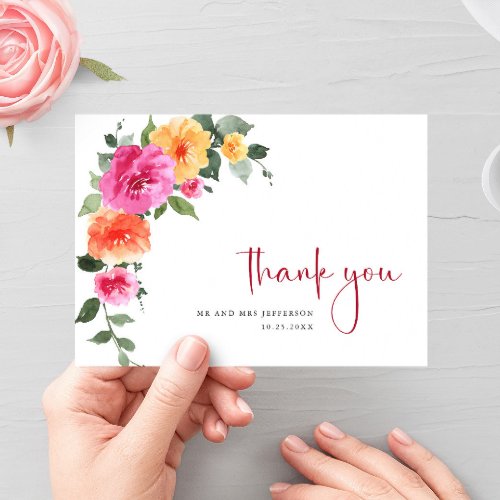 Festive Watercolor Bright Flowers Floral Wedding Thank You Card