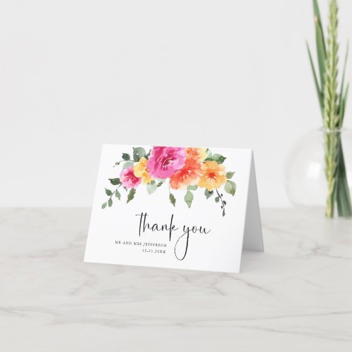 Festive Watercolor Bright Pink Flower Wedding Thank You Card