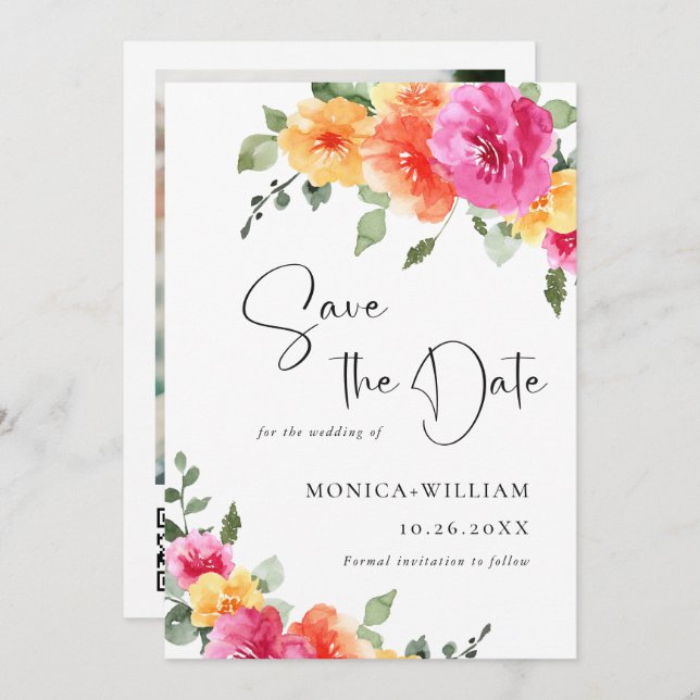 Festive Watercolor Bright Pink Flowers Wedding Save The Date (Front/Back)