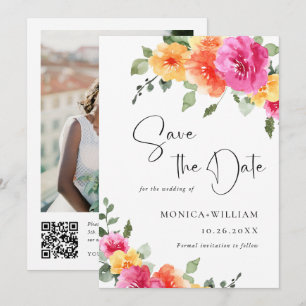 Festive Watercolor Bright Pink Flowers Wedding Save The Date