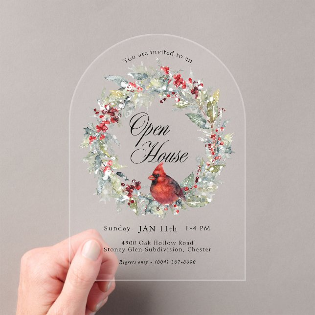Festive Watercolor Cardinal Wreath Arch Open House Acrylic Invitations (Insitu (Handheld))