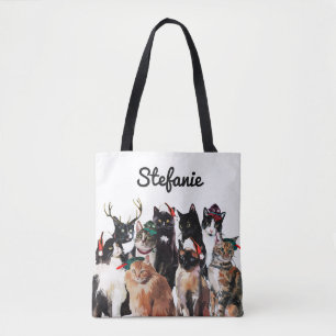Festive Watercolor Cats Personalized Holiday Tote Bag