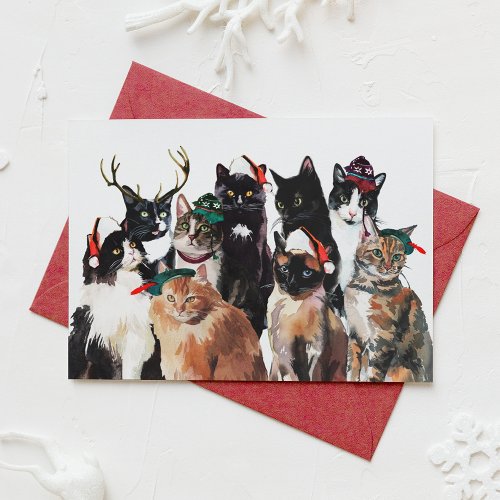 Festive Watercolor Cats with Santa Hats Christmas Holiday Card