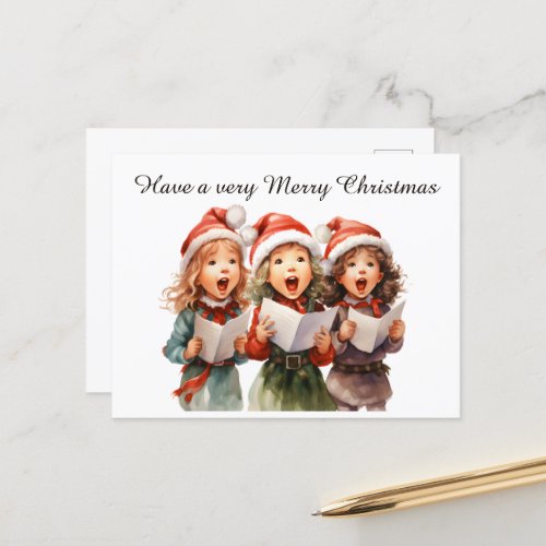 Festive watercolor Christmas carolers add text Holiday Postcard
