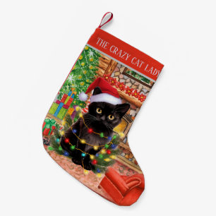 Festive watercolor Christmas cat lady or add name Small Christmas Stocking