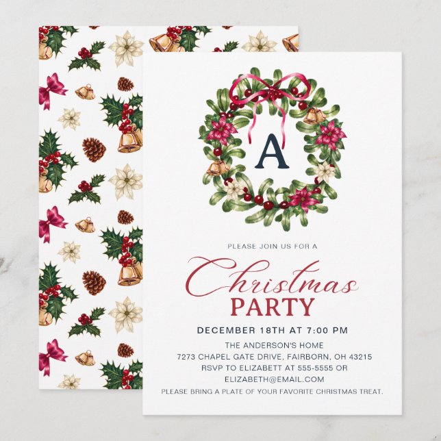 Festive Watercolor Christmas Holly Wreath Party Invitation (Front/Back)