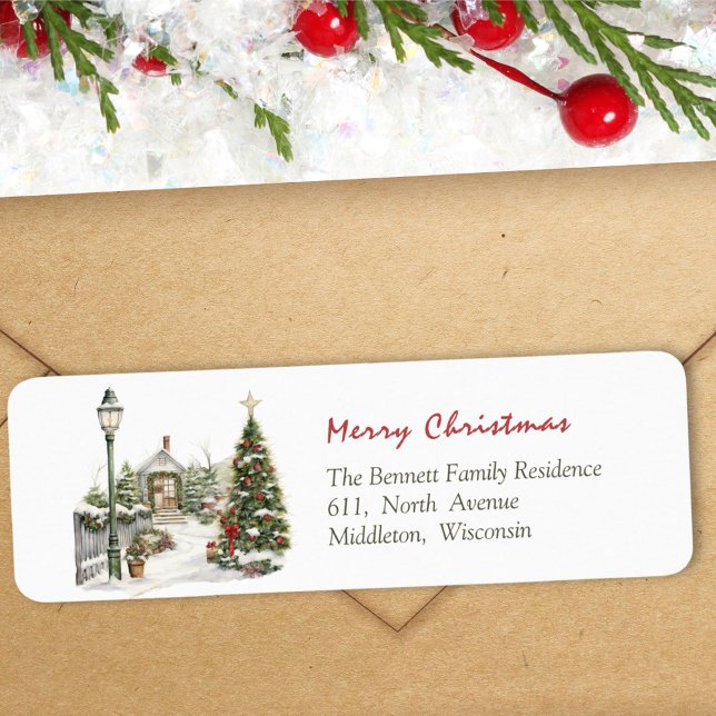 Festive Watercolor Christmas House Scene Label (Creator Uploaded)