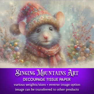 Festive Watercolor Christmas Mouse Decoupage Tissue Paper