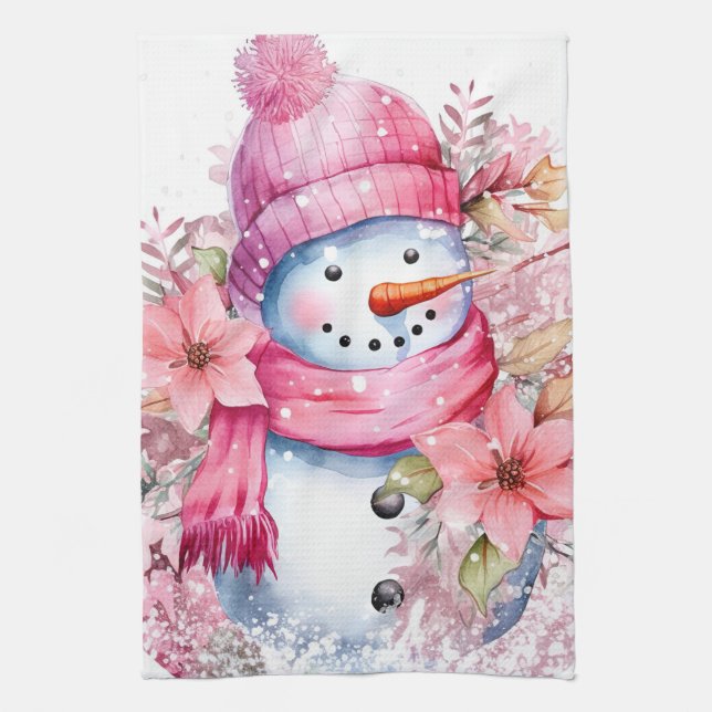 Festive watercolor Christmas pink snowman  Kitchen Towel (Vertical)