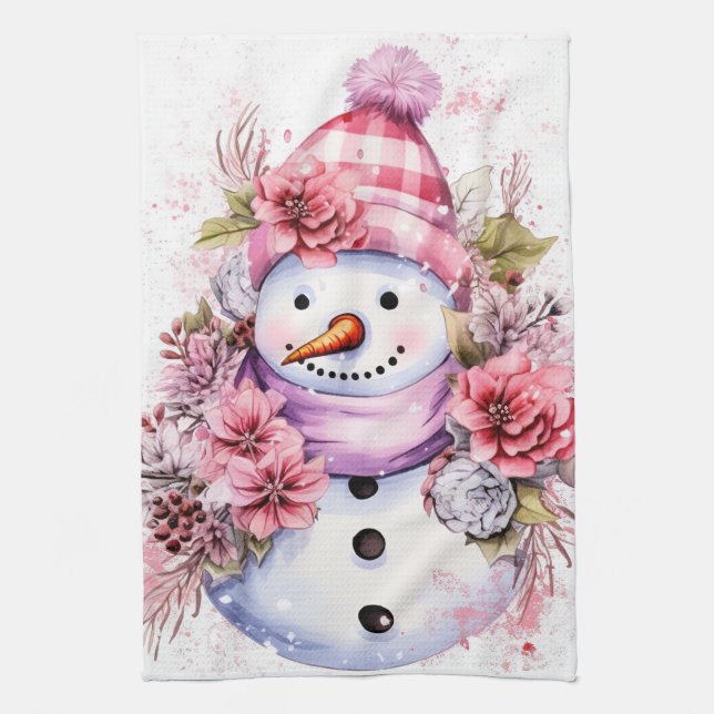 Festive watercolor Christmas pink snowman Kitchen Towel (Vertical)