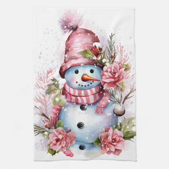 Festive watercolor Christmas pink snowman  Kitchen Towel (Vertical)