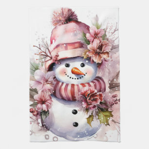 Festive watercolor Christmas pink snowman Kitchen Towel
