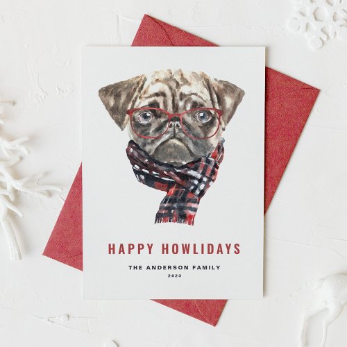 Festive Watercolor Christmas Pug Happy Howlidays Holiday Card
