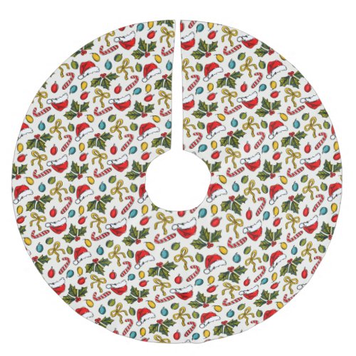 Festive Watercolor Christmas Sketches Brushed Polyester Tree Skirt