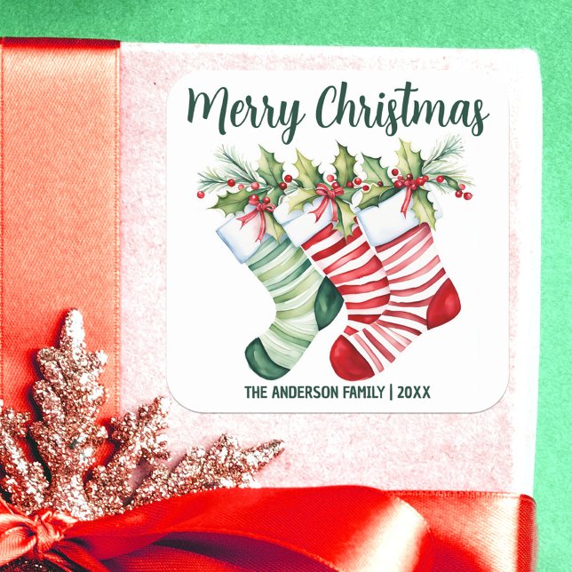 Festive Watercolor Christmas Stockings Square Sticker (Creator Uploaded)