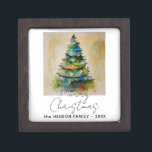 Festive Watercolor Christmas Tree Artistic Drawing Gift Box<br><div class="desc">Festive Watercolor Christmas Tree Artistic Drawing Gift Box. Festive watercolor drawing of a colorful Christmas tree with a Merry Christmas wish in a trendy script. Customize the text,  family name and year.</div>