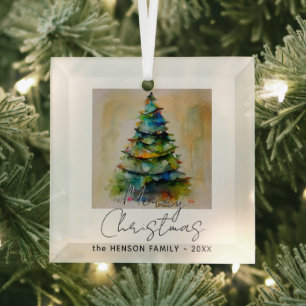 Festive Watercolor Christmas Tree Artistic Drawing Glass Ornament