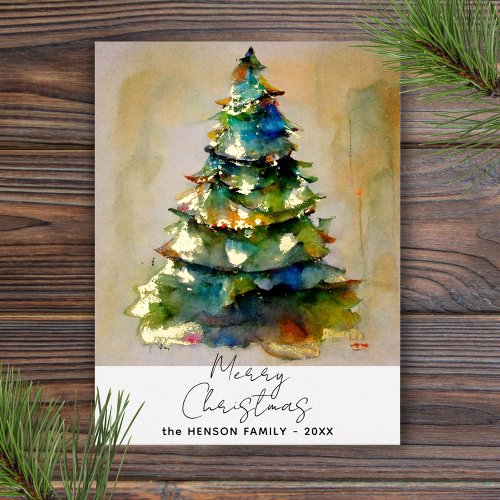 Festive Watercolor Christmas Tree Artistic Gold  Foil Holiday Postcard