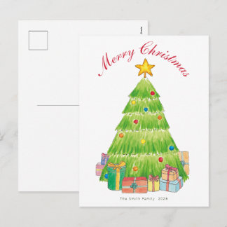 Festive Watercolor Christmas Tree Custom Name Holiday Postcard