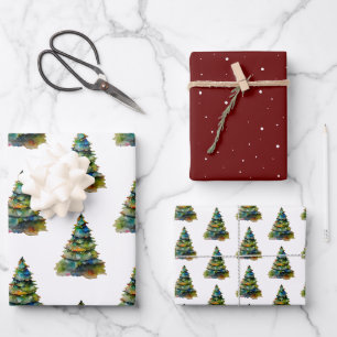 Festive Watercolor Christmas Tree Red Holiday Wrapping Paper Sheets