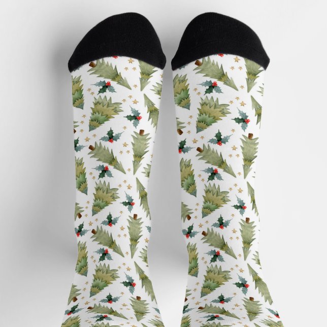 Festive Watercolor Christmas Trees Holly Pattern Socks (Top)