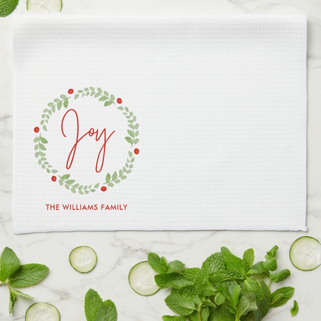 Festive Watercolor Christmas Wreath Personalized Kitchen Towel (Folded)