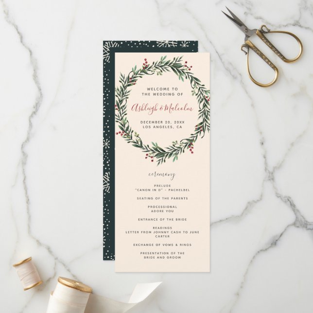 Festive Watercolor Christmas Wreath Wedding Program (Front/Back In Situ)