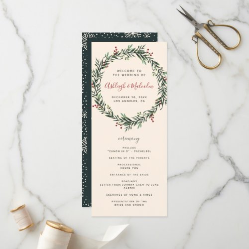 Festive Watercolor Christmas Wreath Wedding Program