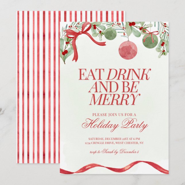 Festive Watercolor Coquette Christmas Party Invite (Front/Back)