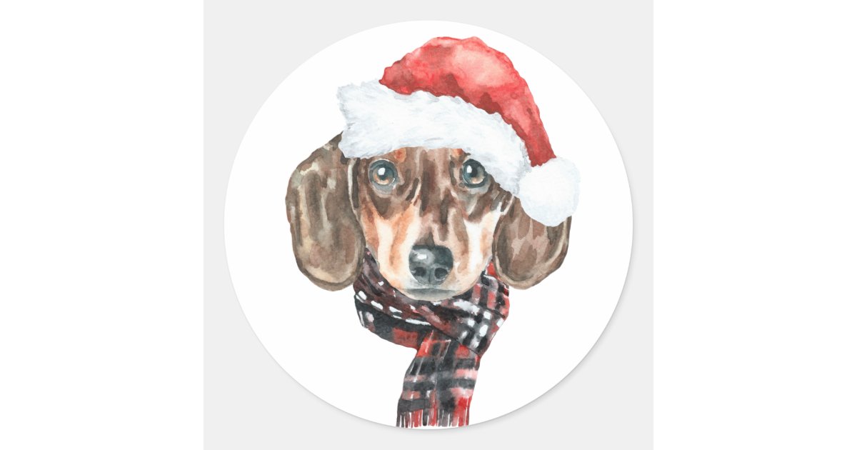 Festive Watercolor Dachshund Santa Christmas Classic Round Sticker | Zazzle