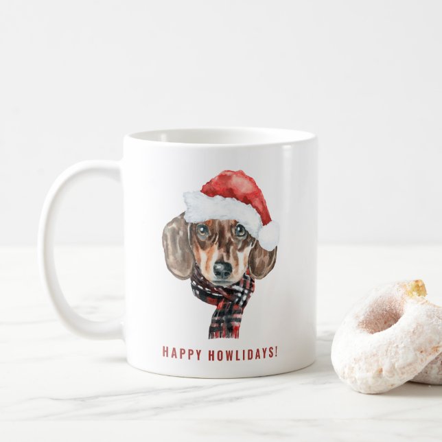 Festive Watercolor Dachshund Santa Christmas Coffee Mug (With Donut)