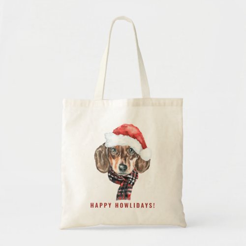 Festive Watercolor Dachshund Santa Christmas Tote Bag