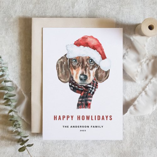 Festive Watercolor Dachshund Santa Happy Howlidays Holiday Card
