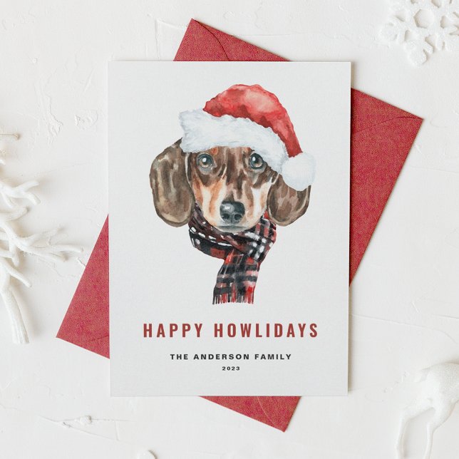 Festive Watercolor Dachshund Santa Happy Howlidays Holiday Card (Creator Uploaded)