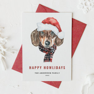 Festive Watercolor Dachshund Santa Happy Howlidays Holiday Postcard