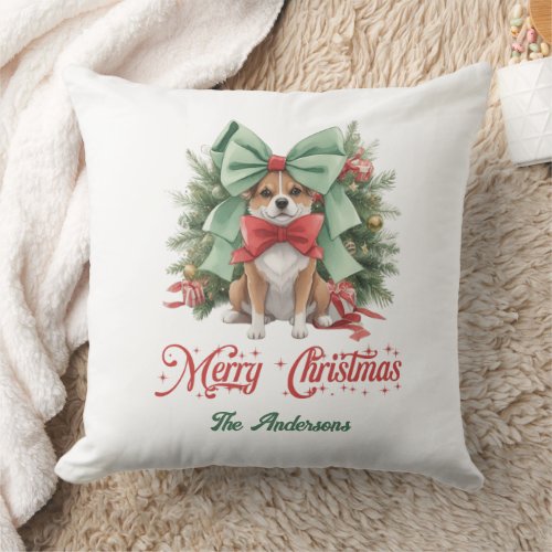 Festive watercolor design with cute corgi with bow throw pillow