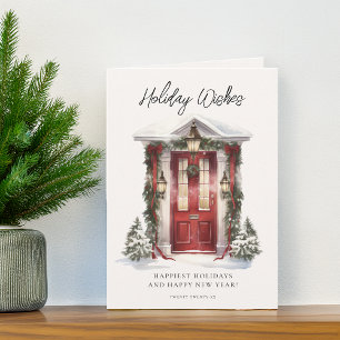 Festive Watercolor Door Christmas Wishes Holiday Card