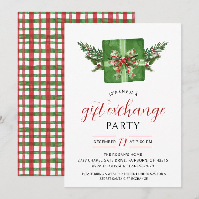 Festive Watercolor Gift Exchange Christmas Party Invitation (Front/Back)