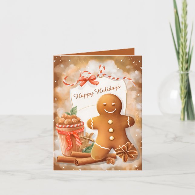 Festive watercolor gingerbread add message holiday card (Front)