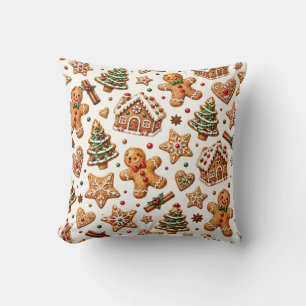 Festive Watercolor Gingerbread Christmas Pattern Throw Pillow