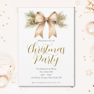 Festive Watercolor Gold Bow Christmas Party Invitation