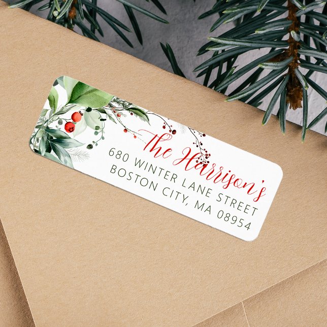 Festive Watercolor Greenery Christmas Address Label (Festive Watercolor Greenery Christmas Label)