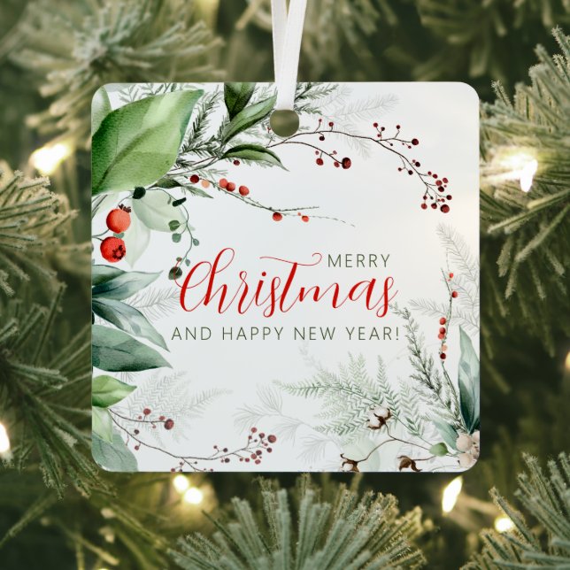Festive Watercolor Greenery Merry Christmas Metal Ornament (Insitu)